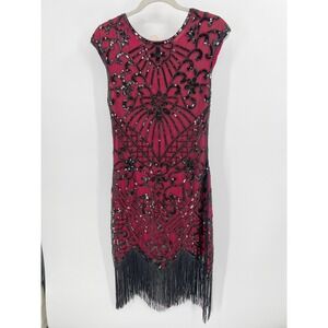 Yessa Red Black Sequin Flapper Dress Gatsby Fringe Art Deco Cocktail Medium NWT